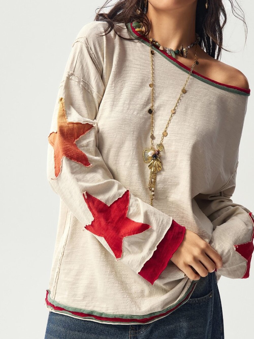 Apricot Casual Women's Boho Color Block Round Neck Long Sleeve Sweatshirt
